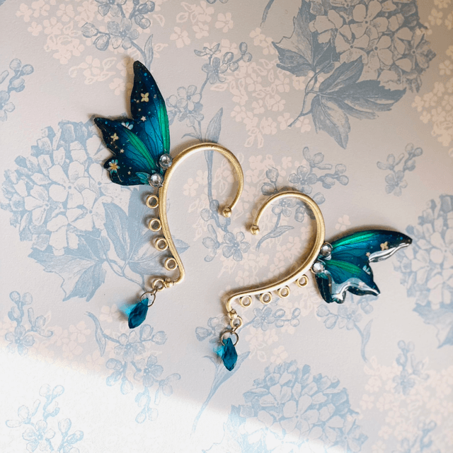 Tour d’oreille, earcuff  fleuris bleu